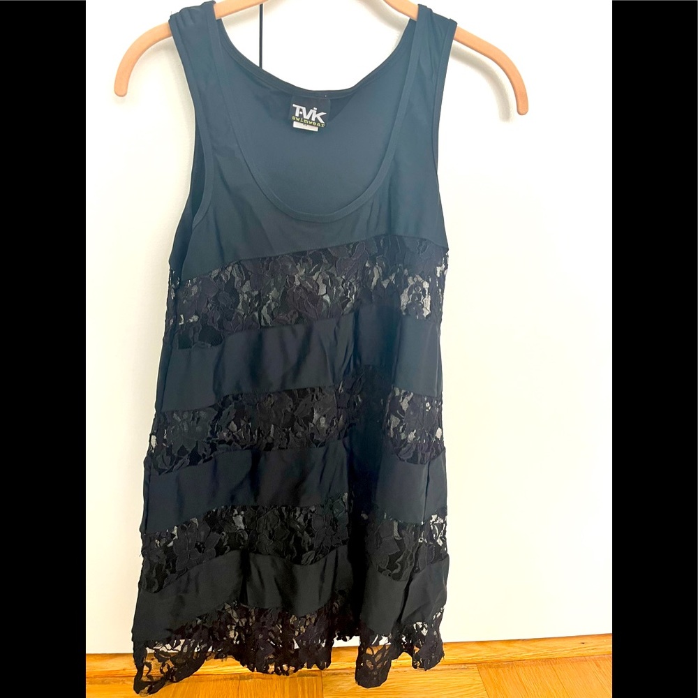 Black and lace neoprene bathing suit coverup